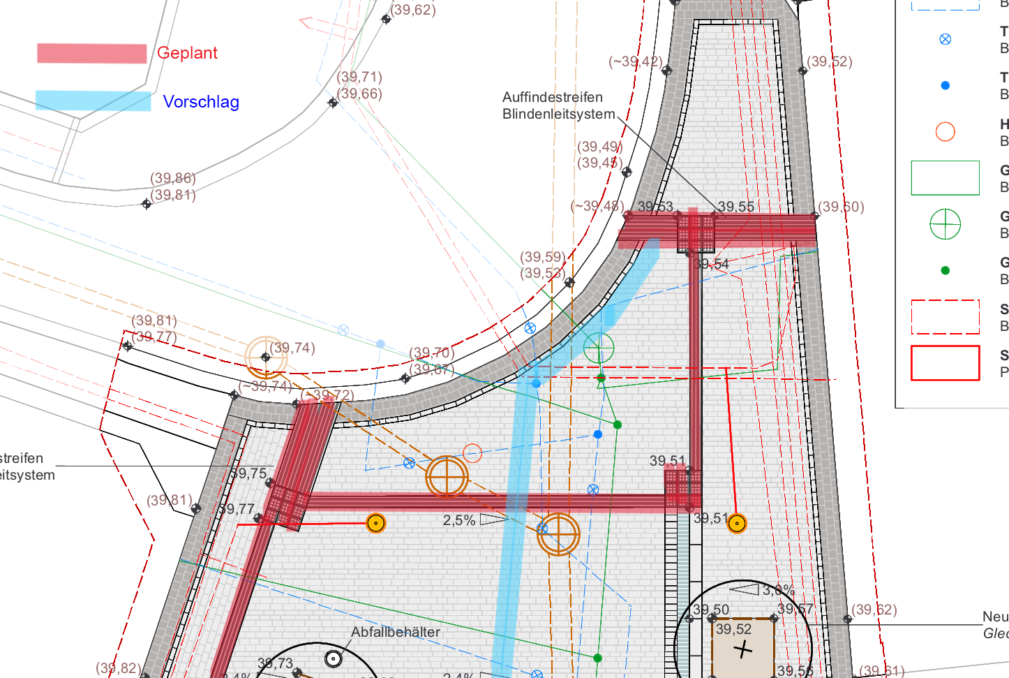 Plan der geplanten taktilen Elemente am Übergang zur Grillstube Meyer mit markierten Alternativen.