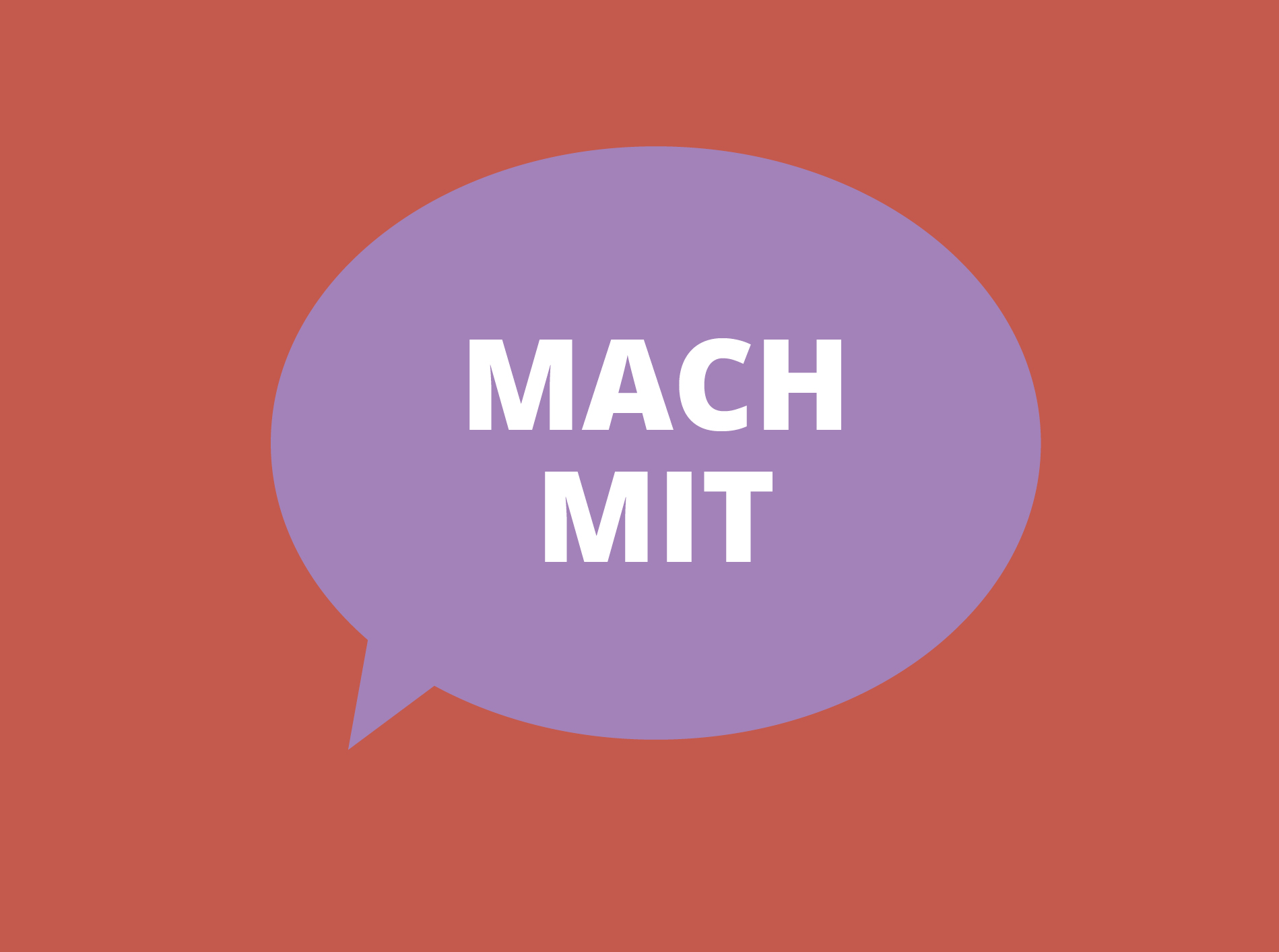 Rosa-roter Hintergrund mit lila Sprechblase und weißem Schriftzug MACH MIT