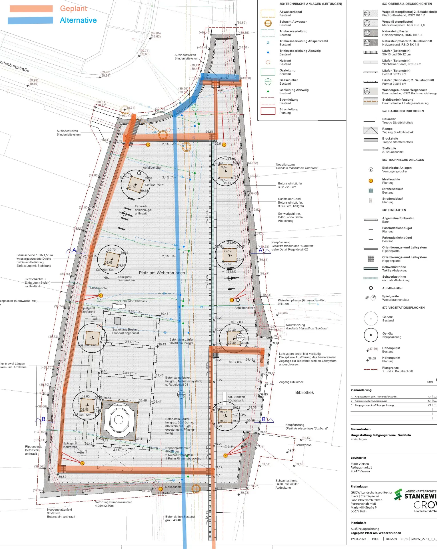 Plan der geplanten taktilen Elemente am Platz am Weberbrunnen mit markierten Alternativen.